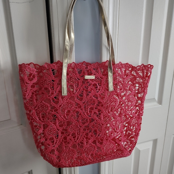 sarah lopez Handbags - Sarah Lopez Pink Lace Beach Tote Bag with Gold Handles